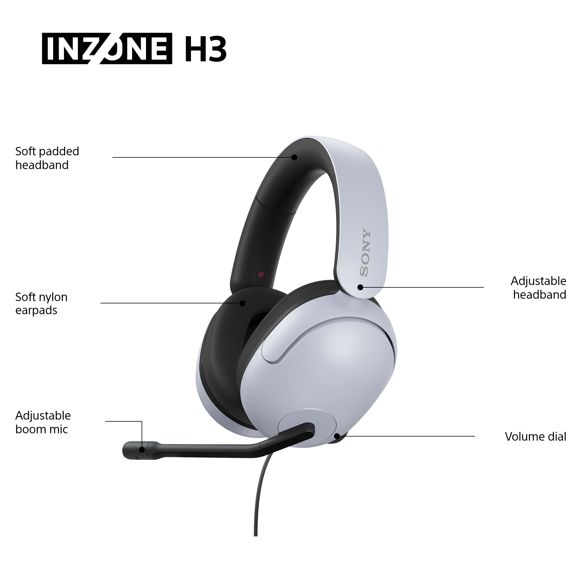 Weißes und schwarzes INZONE H3-Headset. Merkmale: verstellbares Kopfband, Mikrofon, Lautstärkeregler und weiche Ohrpolster.