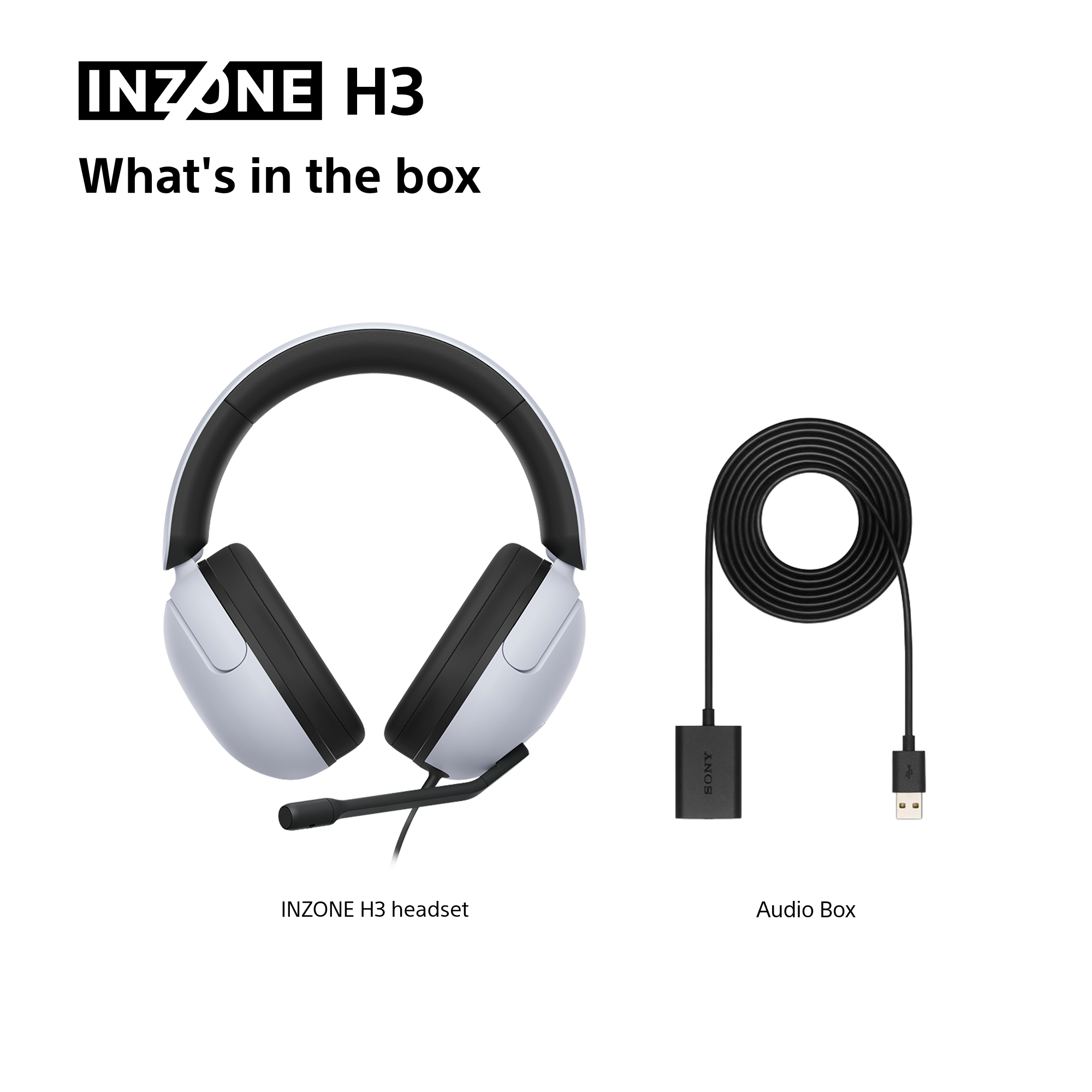 Das Bild zeigt das INZONE H3-Headset und die Audiobox. Das Headset ist weiß und schwarz. Die Audiobox ist schwarz mit einem USB-Kabel.