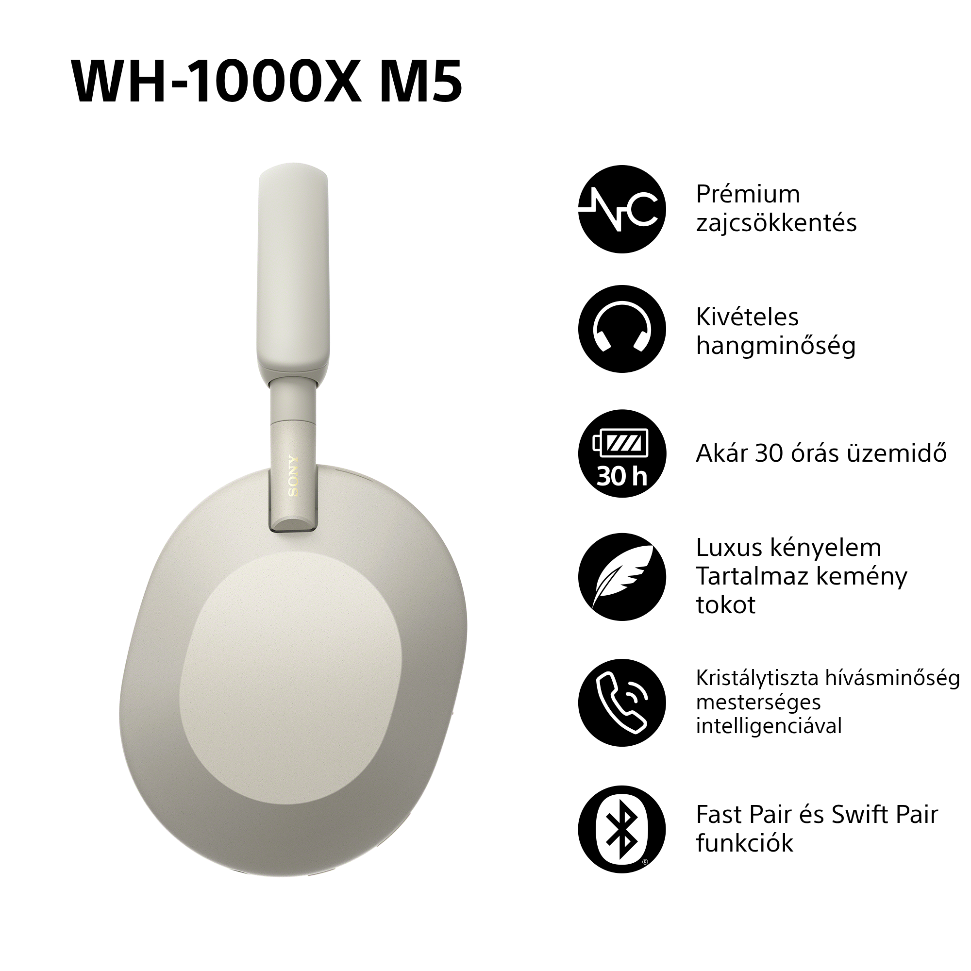 Sony WH-1000XM5 fejhallgató fehér háttérrel. Zajszűrés, kivételes hangzás és 30 órás akkumulátoridő jellemzi.