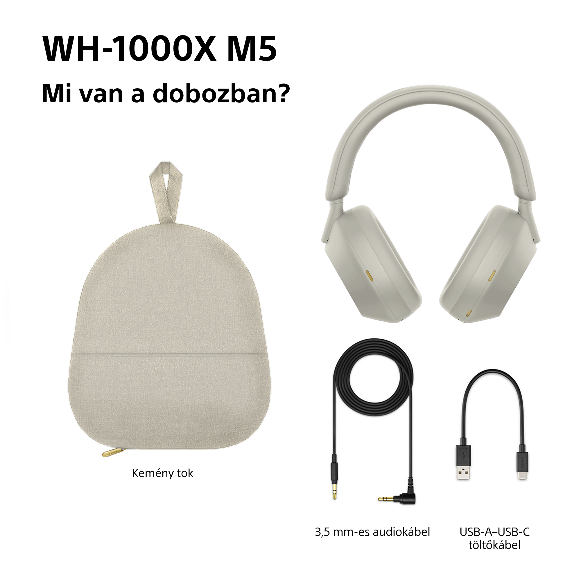 A képen a Sony WH-1000XM5 fejhallgató, egy hordtáska, egy 3,5 mm-es audiokábel és egy USB-A-USB-C töltőkábel látható.