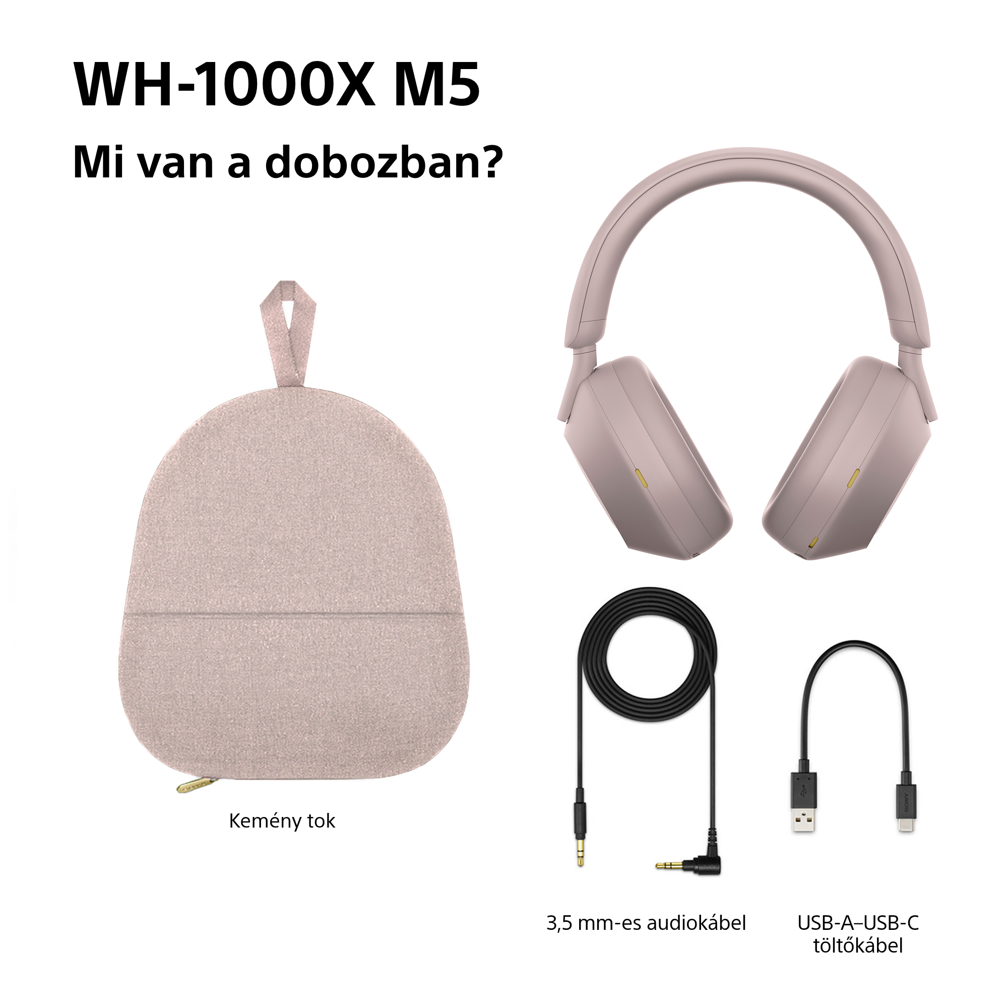 A képen fejhallgató, tok, audiokábel és USB-A-USB-C töltőkábel látható.