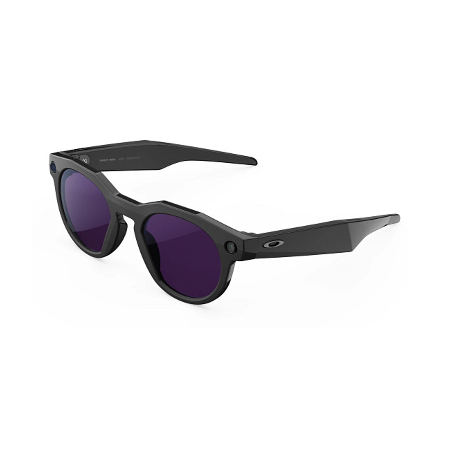 Occhiali da sole neri con lenti viola, su sfondo bianco. Gli occhiali sono eleganti e moderni.
