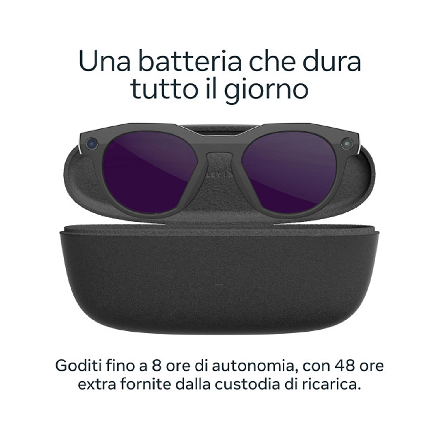 Occhiali intelligenti neri con lenti viola in una custodia aperta. Il testo sopra dice: 'Una batteria che dura tutto il giorno'.