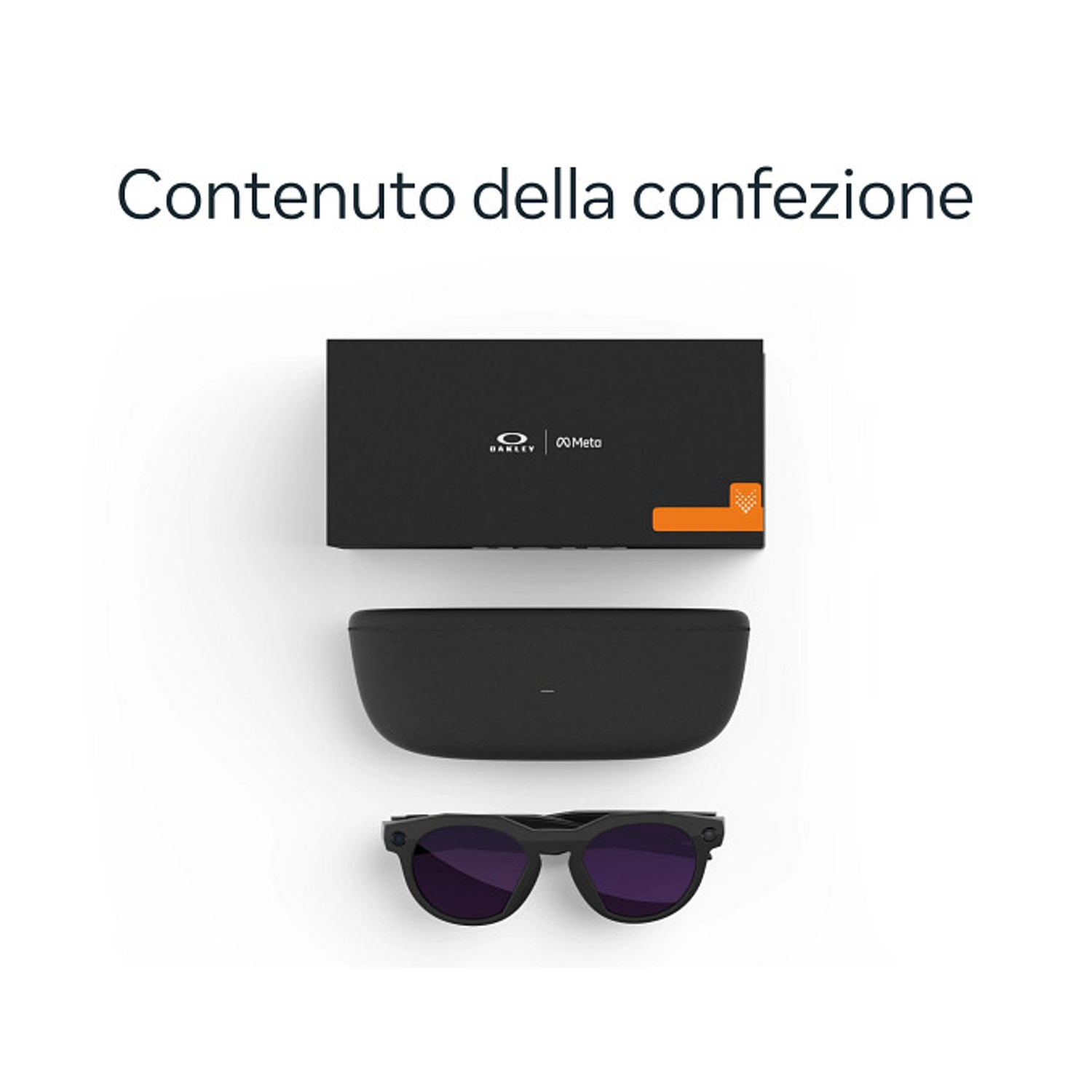 L'immagine mostra il contenuto di un pacco: una scatola nera, una custodia nera e occhiali da sole con lenti viola scuro.