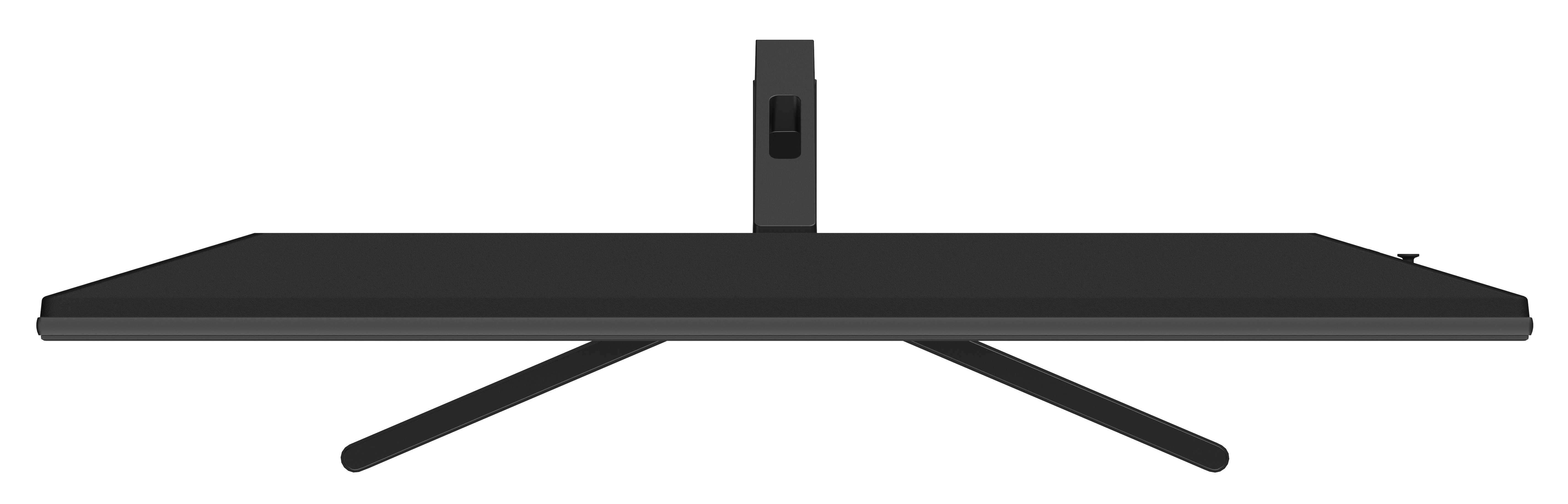 Czarna półka z pionowym wspornikiem i dwiema kątowymi nogami. Tło jest białe.