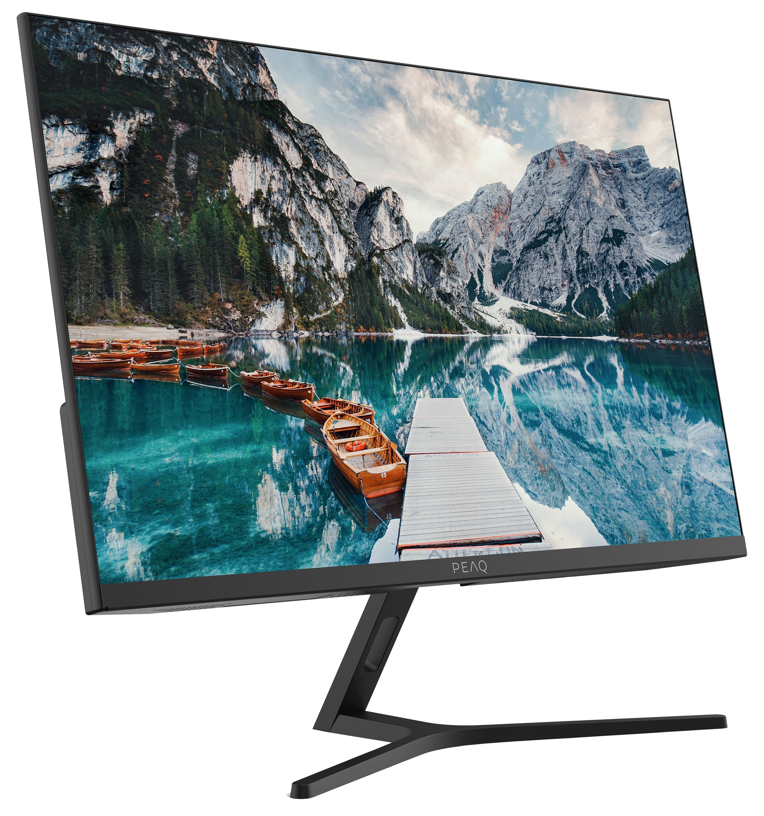 Monitor wyświetla krajobraz jeziora z górami, łodziami i drewnianym pomostem. Monitor jest czarny, z czarnym stojakiem.