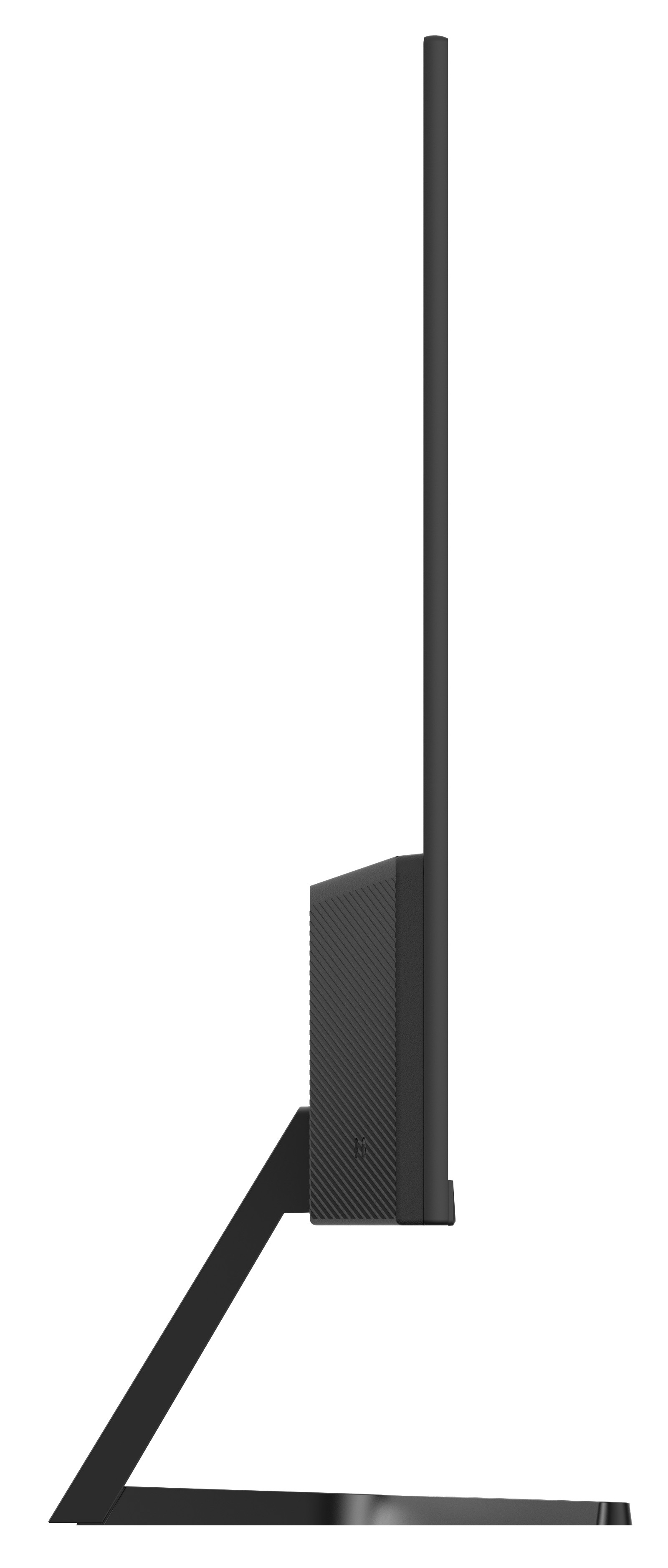 Czarny monitor komputera z boku. Ma podstawę i pionowe wsparcie. Ekran jest czarny, a tło białe.