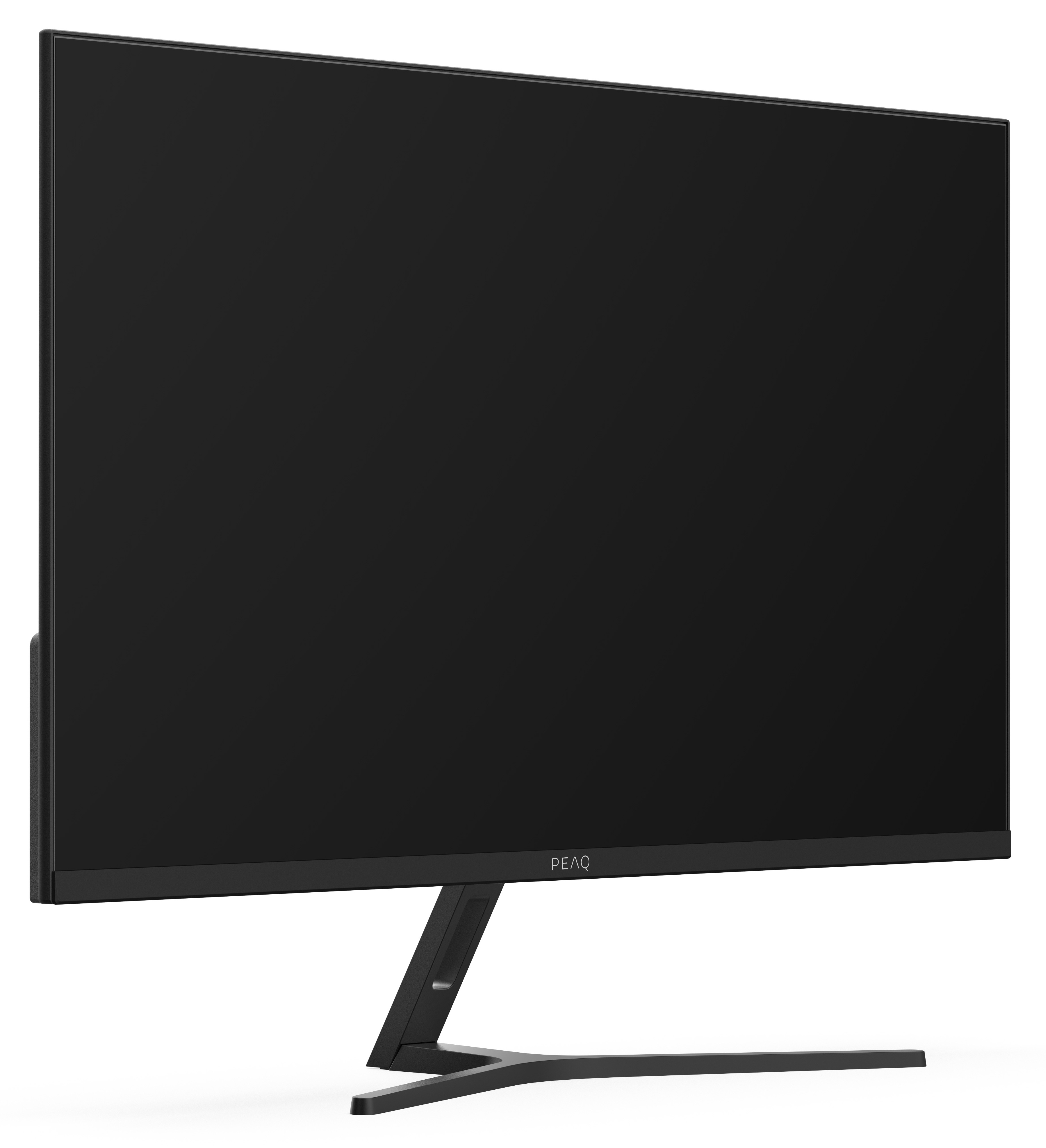 Czarny monitor komputerowy ze stojakiem na białej powierzchni. Monitor ma markę PEAQ na dole.
