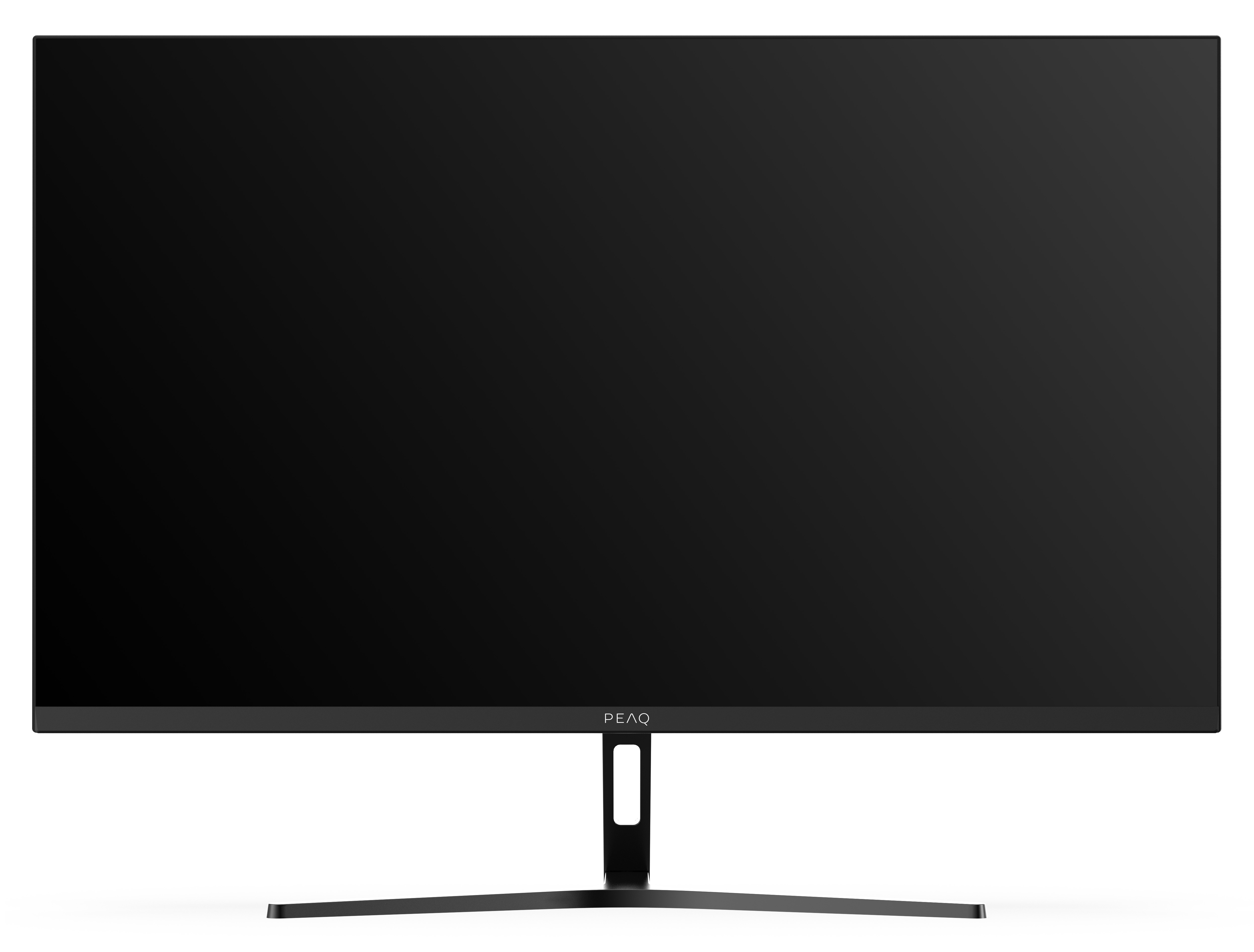 Czarny monitor komputerowy na białym tle. Monitor ma markę PEAQ. Jest przymocowany do czarnej podstawy.
