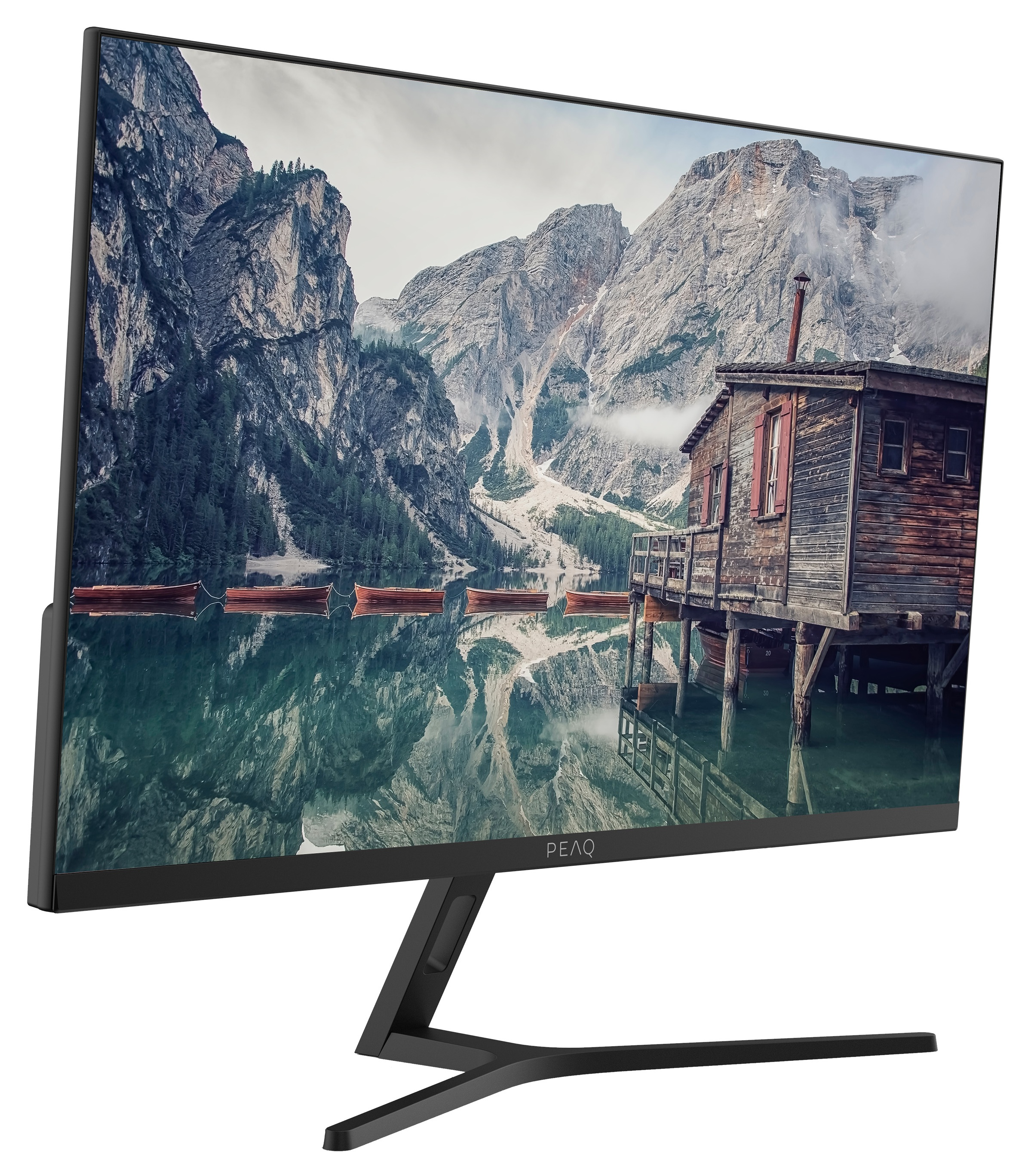 Monitor wyświetla scenę z górskim jeziorem, łodziami i drewnianym domem. Monitor ma czarną podstawę.