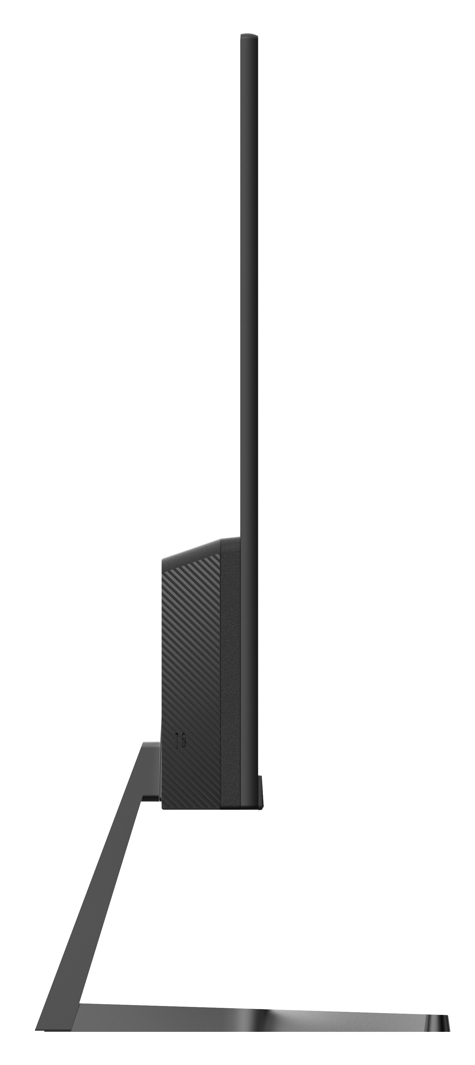 Widok z boku czarnego monitora komputerowego. Ma podstawkę i wysokie, cienkie podparcie. Tło jest białe.