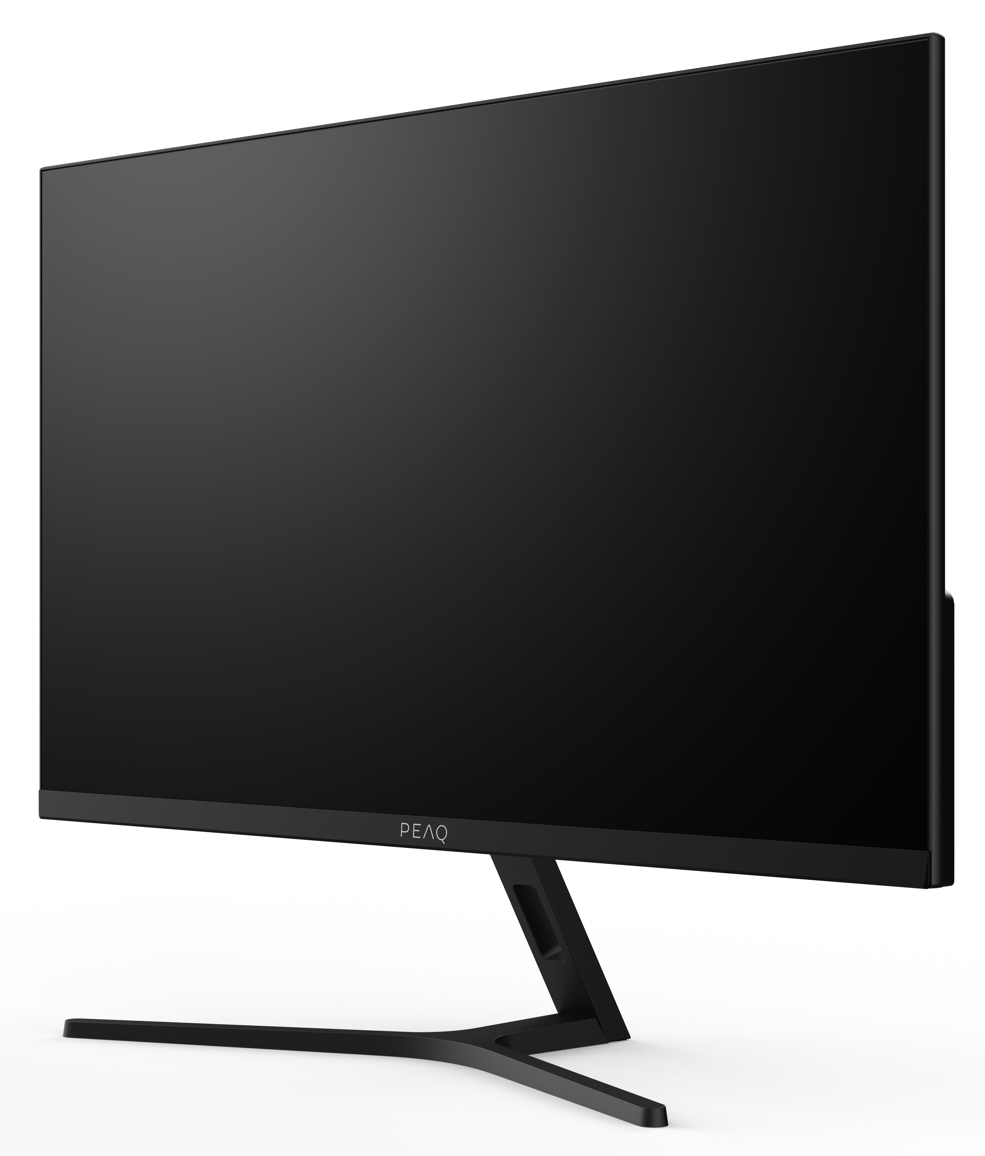 Czarny monitor komputerowy z cienką ramką i podstawką. Monitor wyświetla ciemny ekran. Marka to PEAQ.