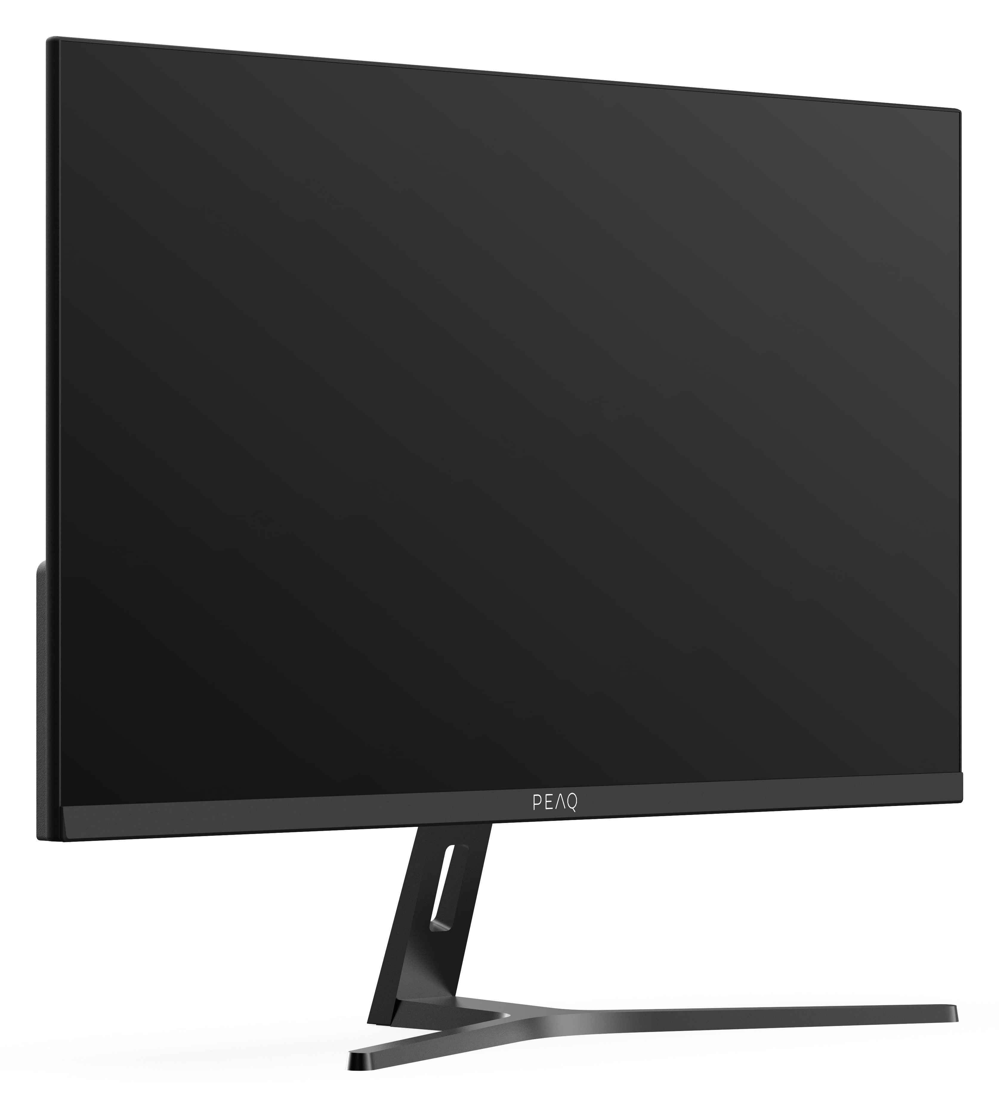 Czarny monitor komputera ze stojakiem. Ekran jest wyłączony. Nazwa marki PEAQ znajduje się na dole.