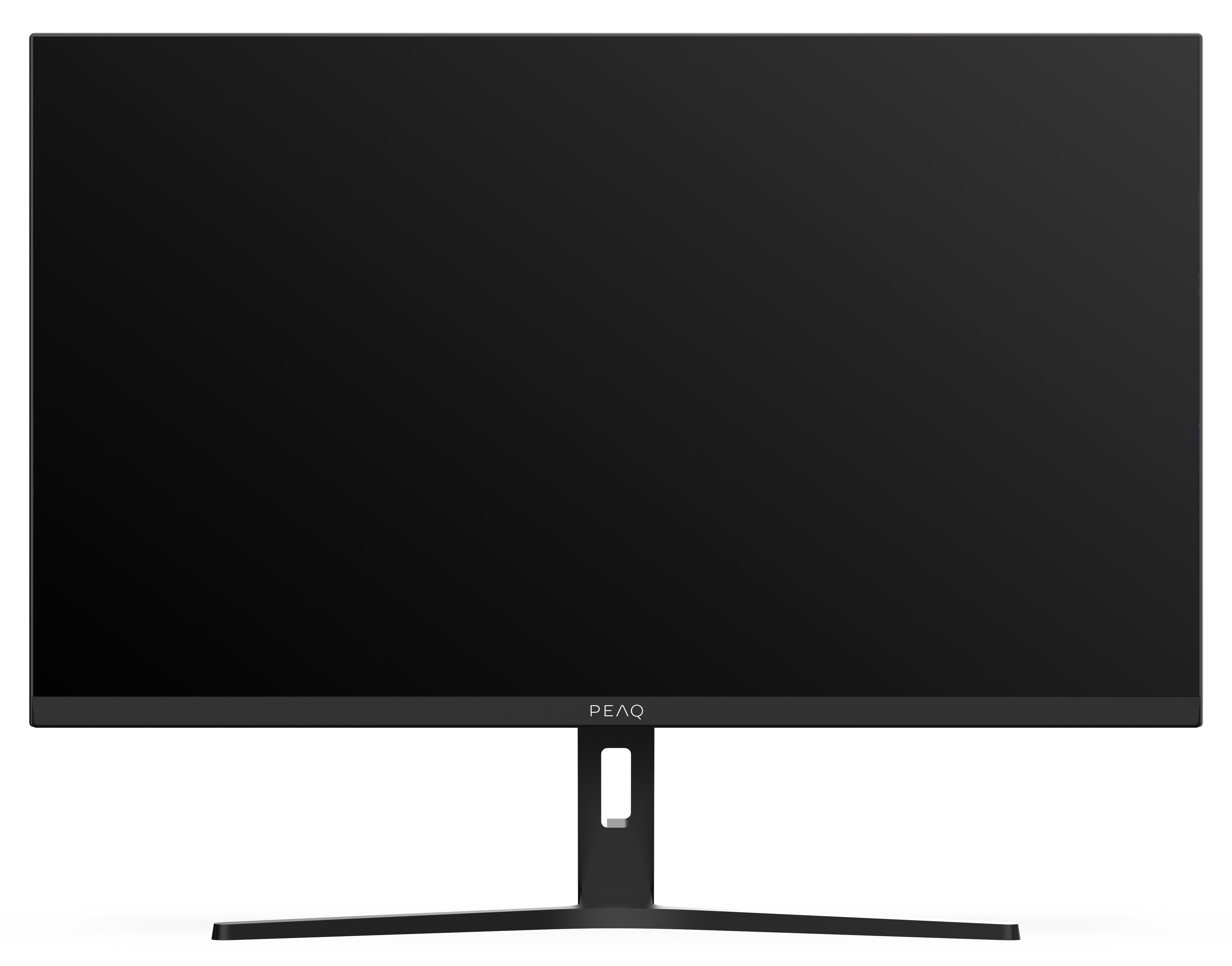 Czarny monitor komputerowy z cienką ramką, podstawką i marką PEAQ na dole.