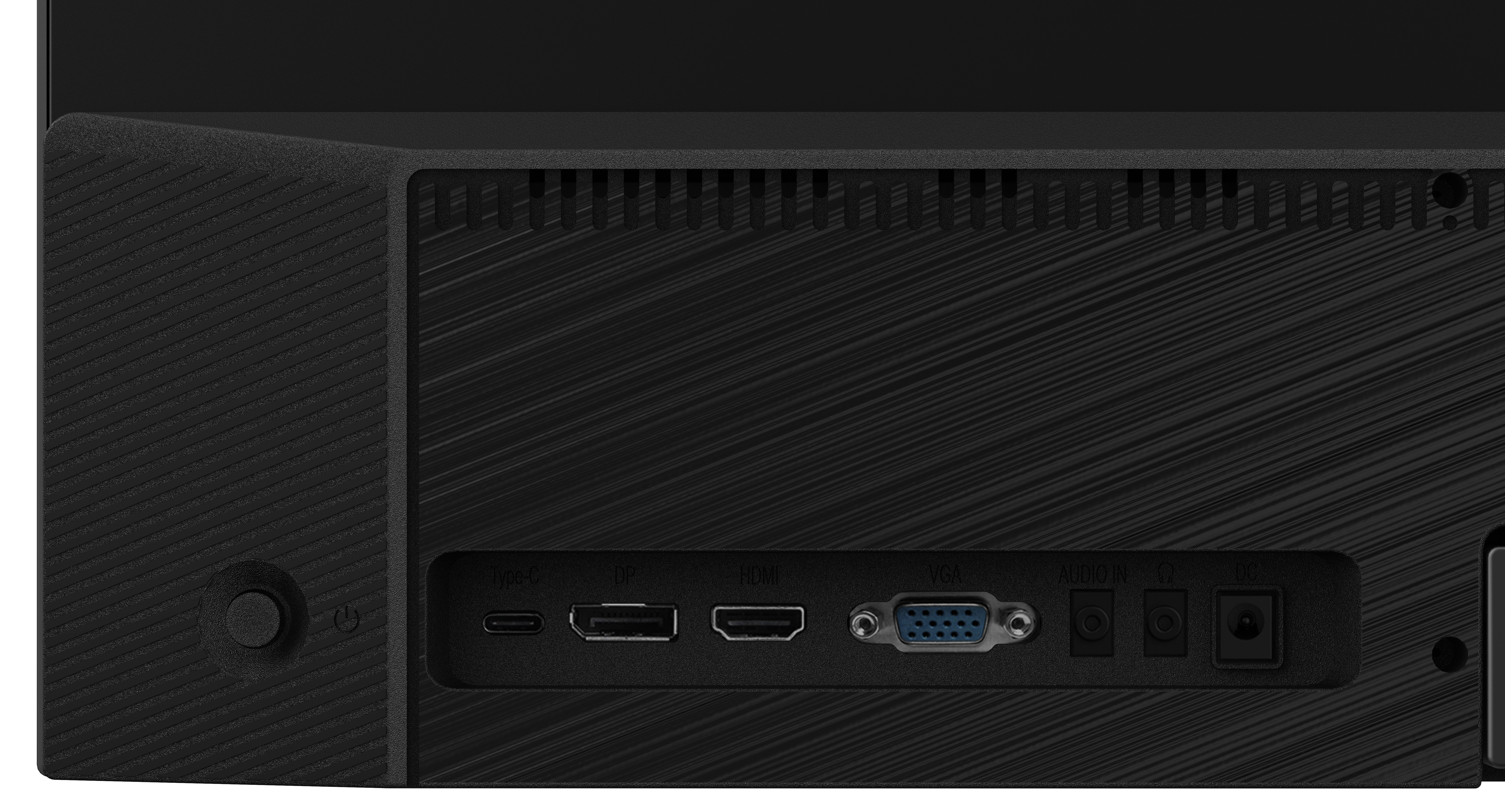 Czarny tył monitora. Zawiera Type-C, DP, HDMI, VGA, wejście audio, porty DC i przycisk zasilania.