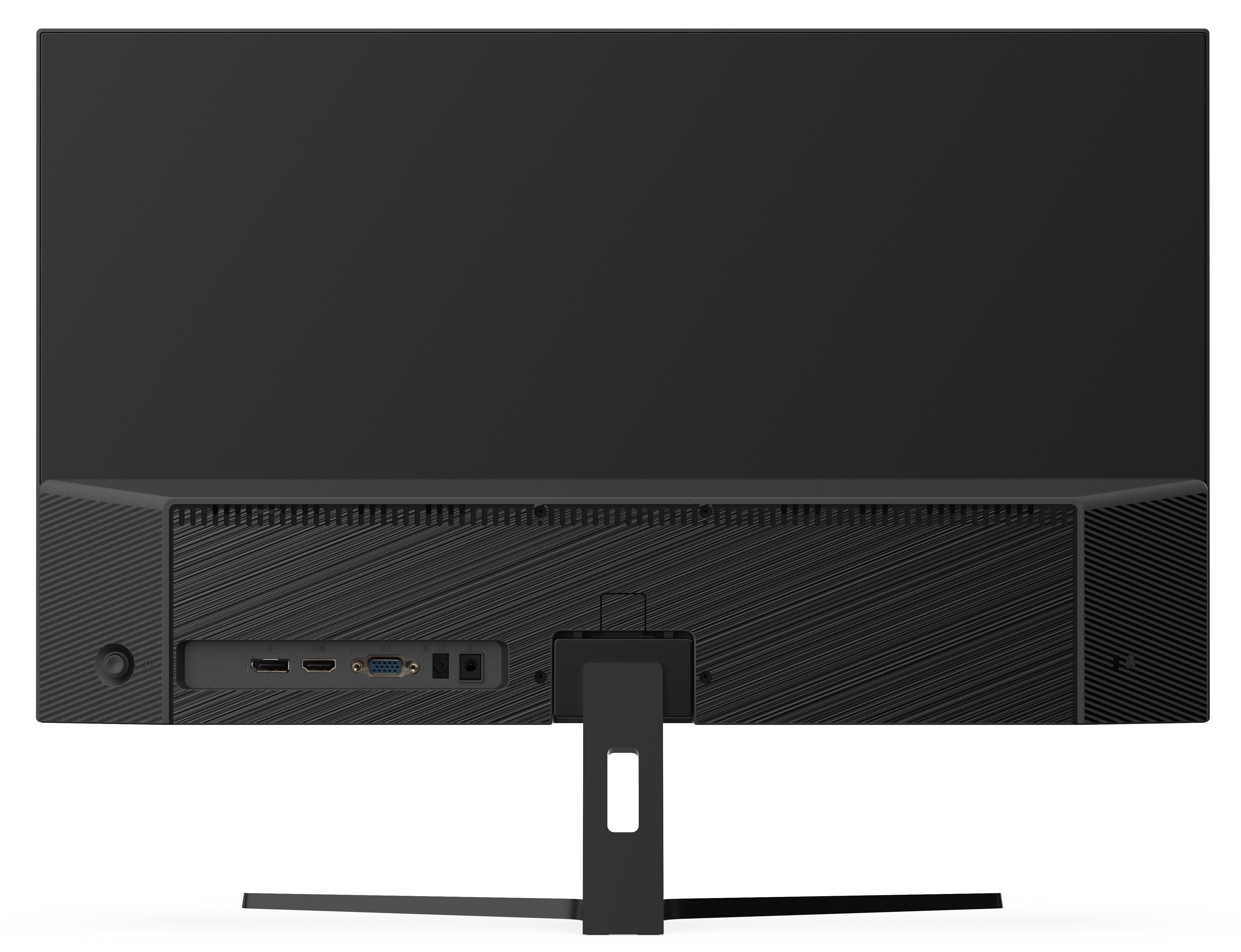 Widok z tyłu czarnego monitora komputerowego. Ma porty, podstawkę i przycisk zasilania. Ekran jest czarny.