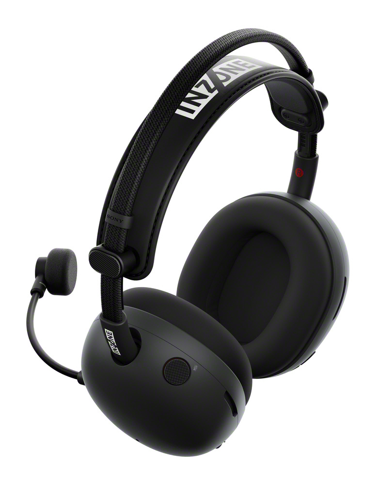 Czarne słuchawki do gier INZONE. Posiadają wyściełany pałąk z białym logo, nauszniki i odpinany mikrofon.