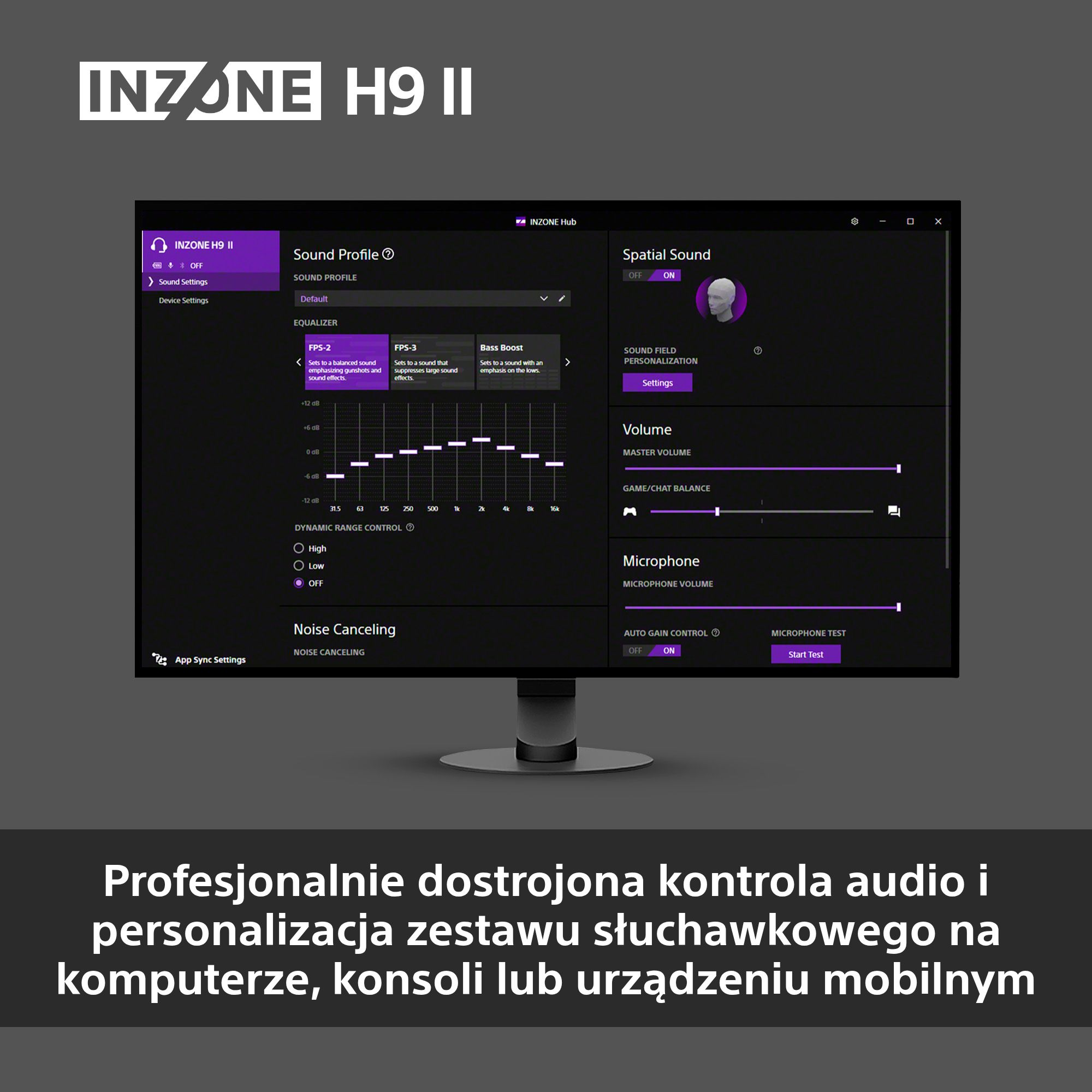 Ekran komputera wyświetla ustawienia audio dla słuchawek INZONE H9 II. Pokazuje profile dźwiękowe, korektor i kontrolę głośności.