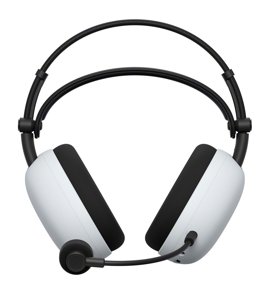 Biało-czarny zestaw słuchawkowy dla graczy z elastycznym mikrofonem. Nauszne są białe z czarnymi akcentami. Pałąk jest czarny.