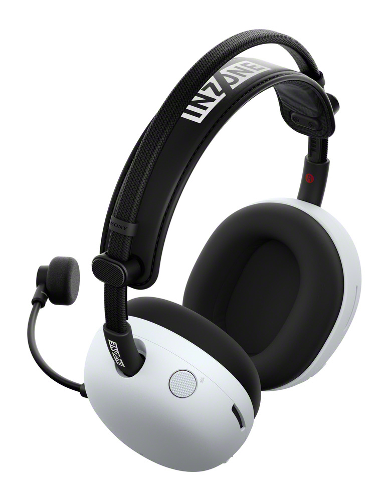 Biało-czarny zestaw słuchawkowy do gier Sony INZONE. Posiada mikrofon, konstrukcję nauszną i markę INZONE na pałąku.