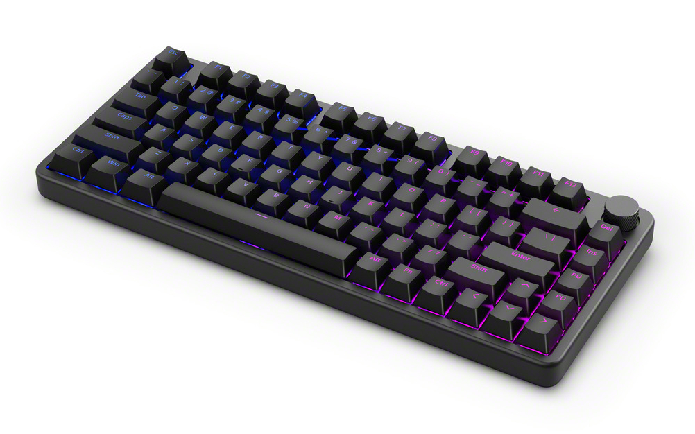 Czarna klawiatura mechaniczna z podświetlanymi klawiszami. Klawisze wyświetlają fioletowe, niebieskie i białe światła. Pokrętło głośności po prawej.