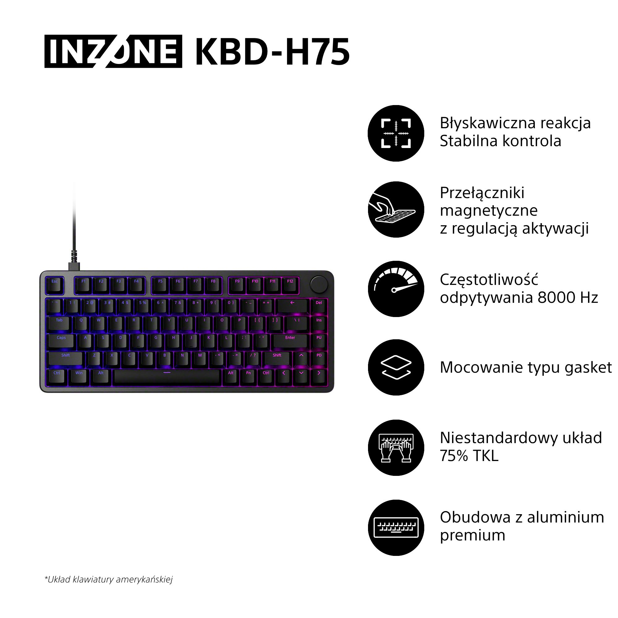 Czarna klawiatura z niebiesko-fioletowym podświetleniem. Po prawej stronie znajdują się różne ikony i opisy tekstowe.