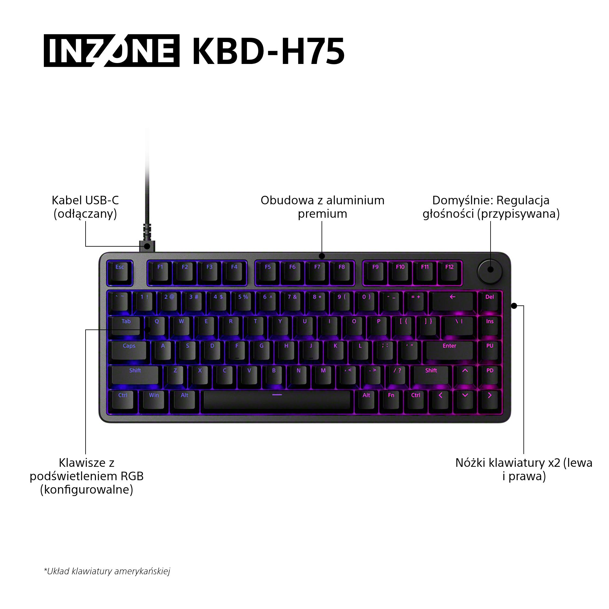 Czarna klawiatura INZONE KBD-H75 z podświetleniem RGB, kablem USB-C i aluminiową obudową. Posiada regulację głośności i nóżki.