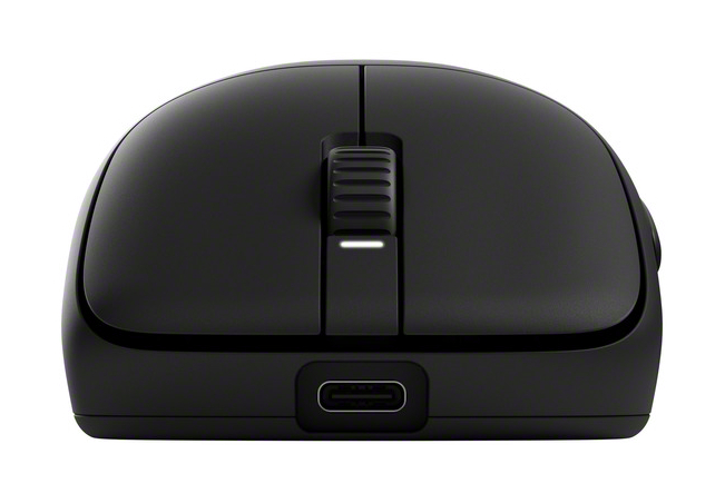 Czarna mysz komputerowa na białym tle. Ma kółko przewijania, dwa przyciski i port USB-C.
