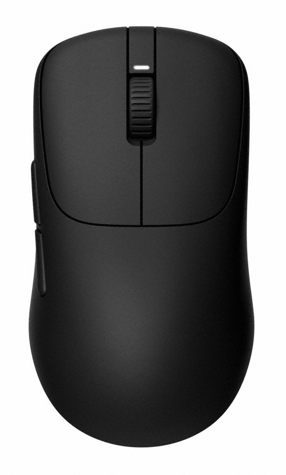 Czarna mysz komputerowa na białym tle. Ma kółko przewijania, dwa boczne przyciski i elegancki design.