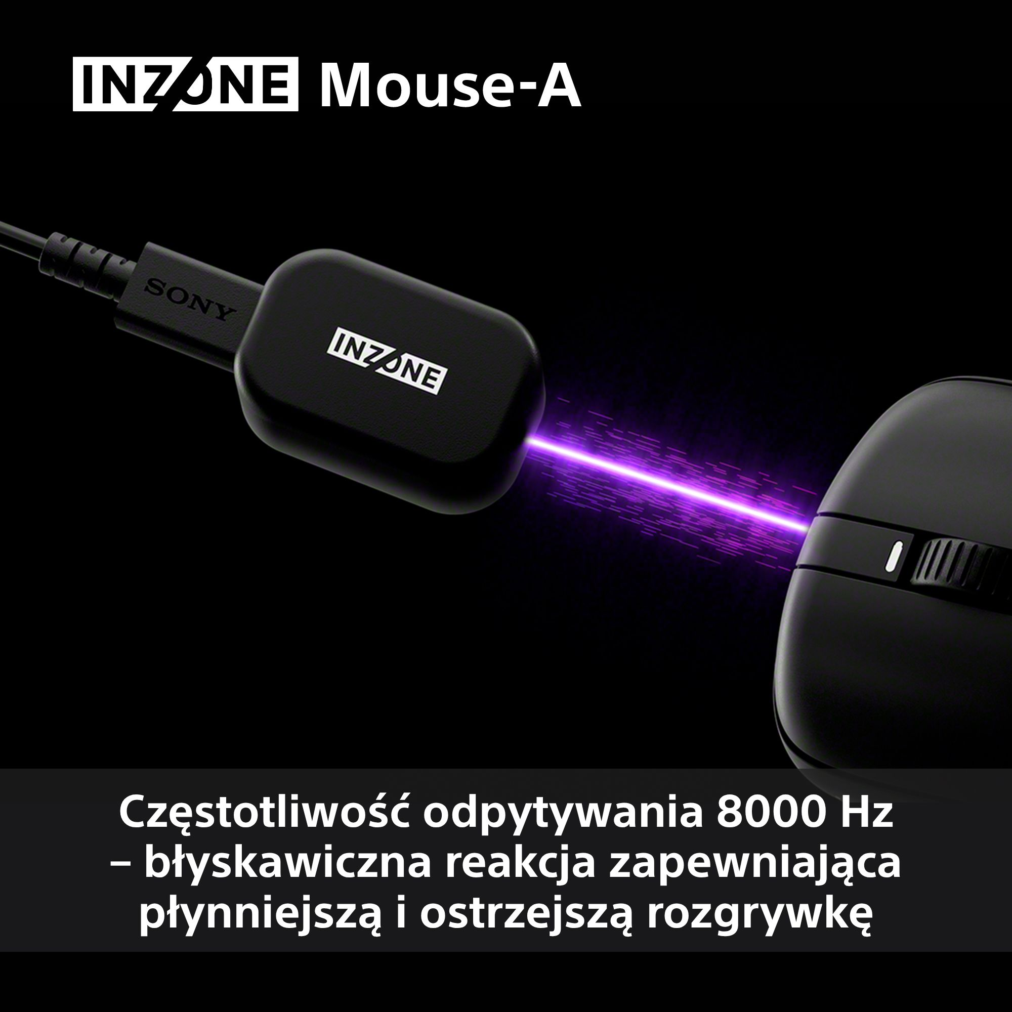 Czarna mysz z fioletową wiązką światła, widoczne logo 'INZONE' i 'SONY'. Tekst na dole opisuje częstotliwość 8000Hz.
