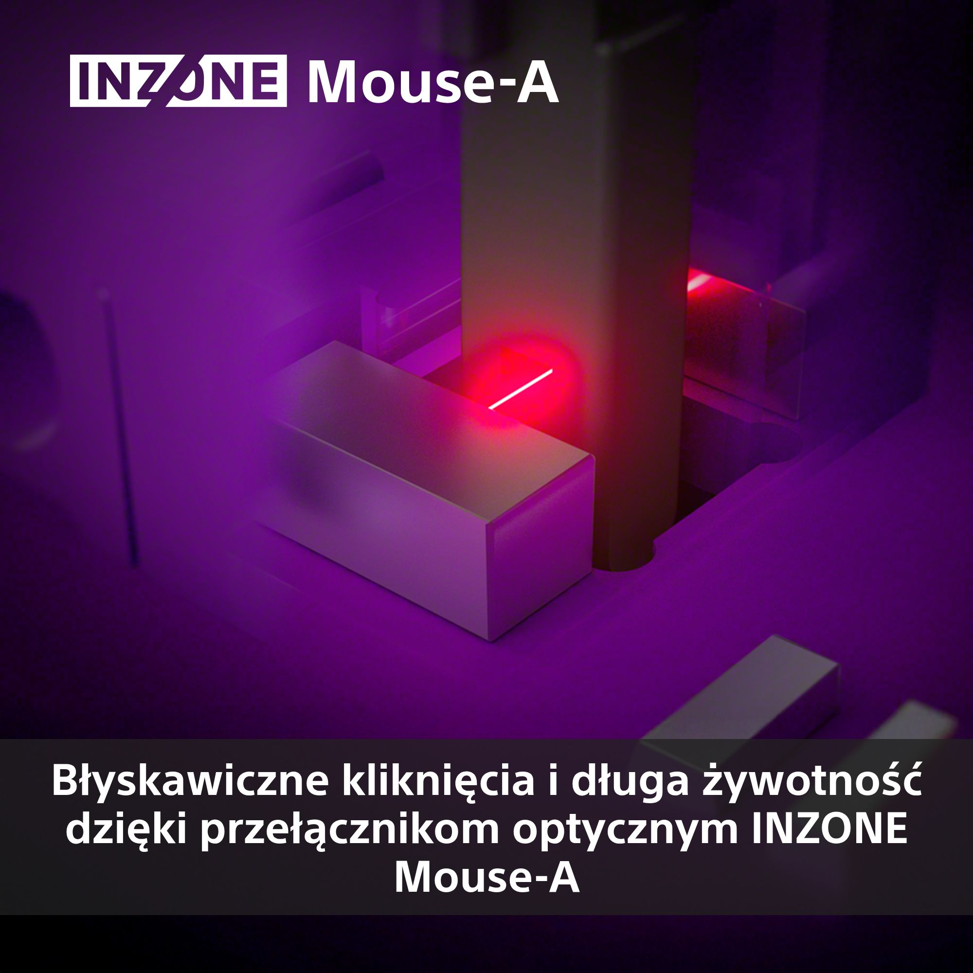 Pokazano futurystyczną mysz z czerwoną wiązką lasera, obraz zawiera tekst o INZONE Mouse-A. Fioletowe tło.
