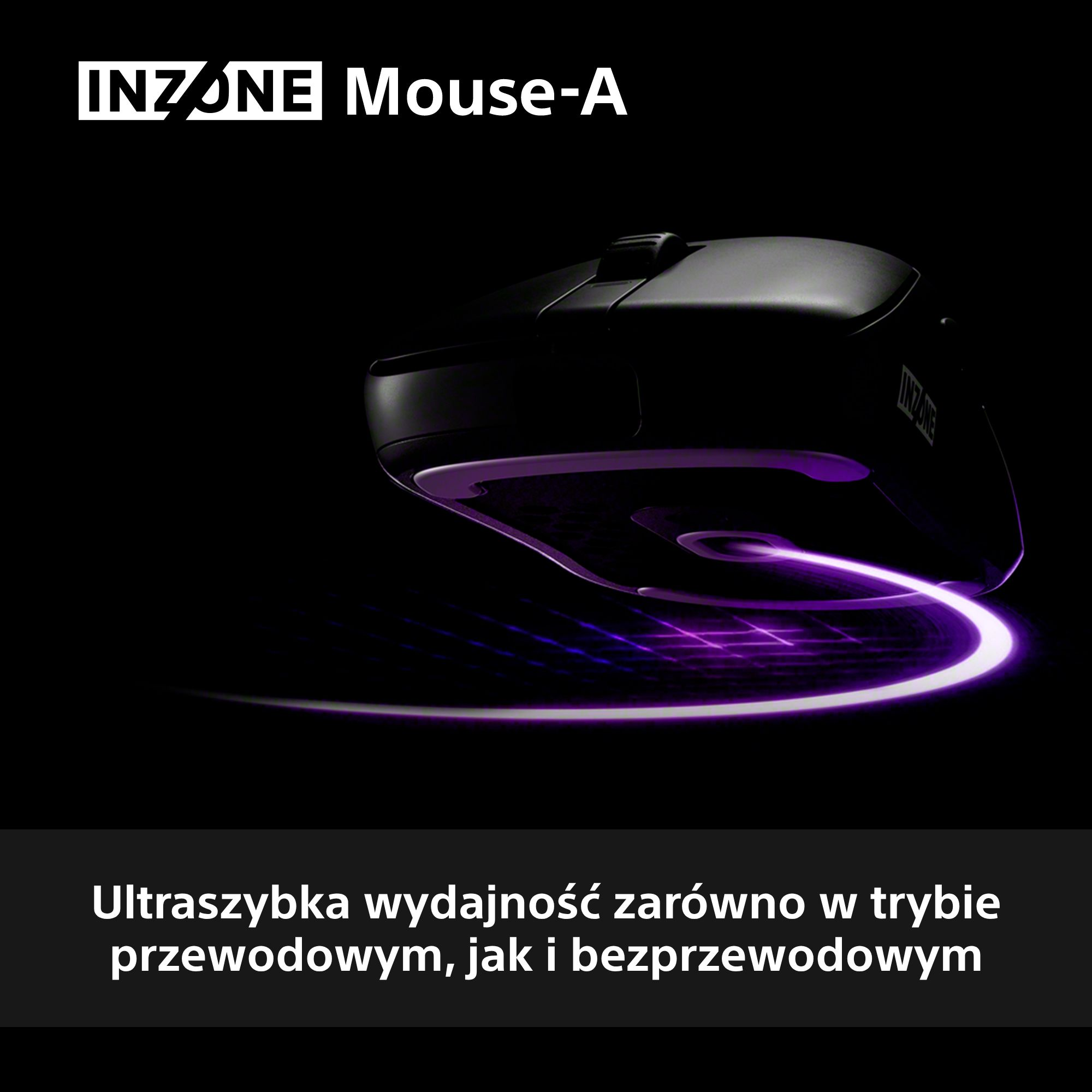 Czarna mysz do gier z fioletowym akcentem na ciemnym tle. Tekst na dole: 'Ultraszybka wydajność'.
