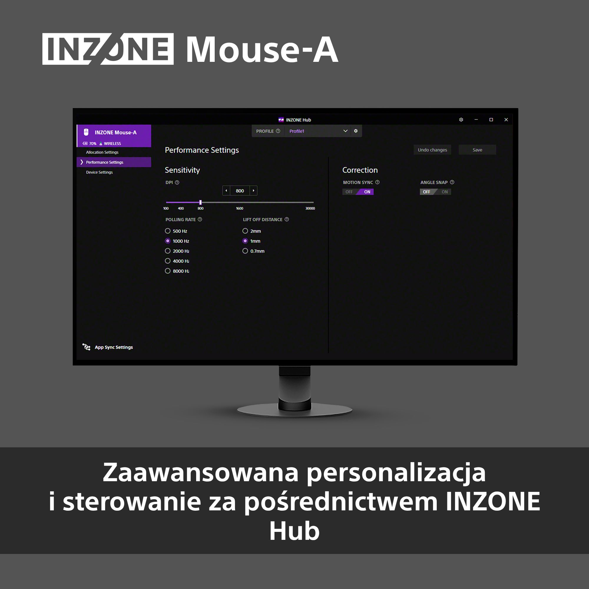 Zrzut ekranu oprogramowania INZONE Hub. Wyświetla ustawienia wydajności, w tym DPI, częstotliwość odpytywania i opcje korekcji.