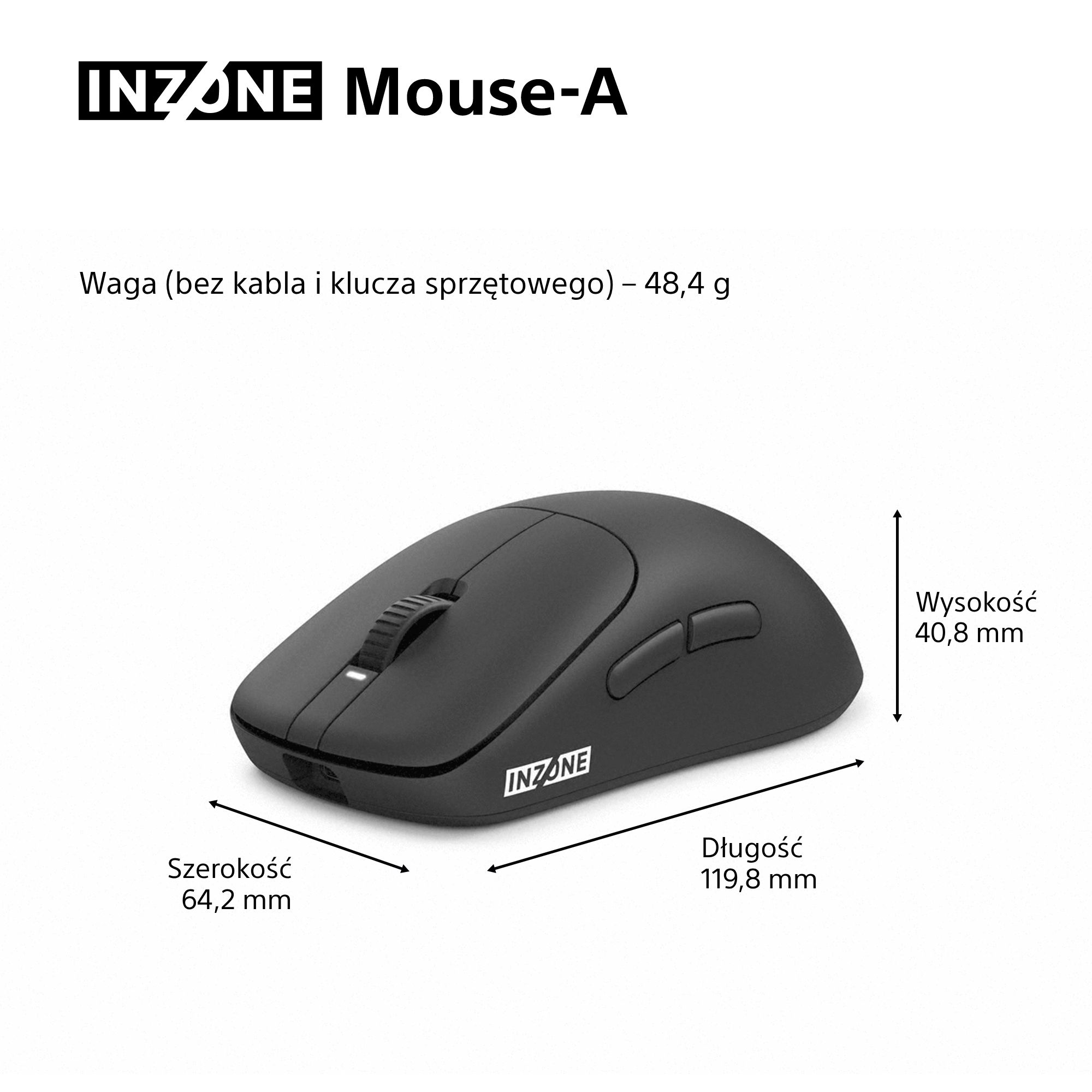 Wyświetlany jest czarny INZONE Mouse-A z wymiarami i wagą. Pokazuje mysz z kółkiem przewijania i przyciskami.