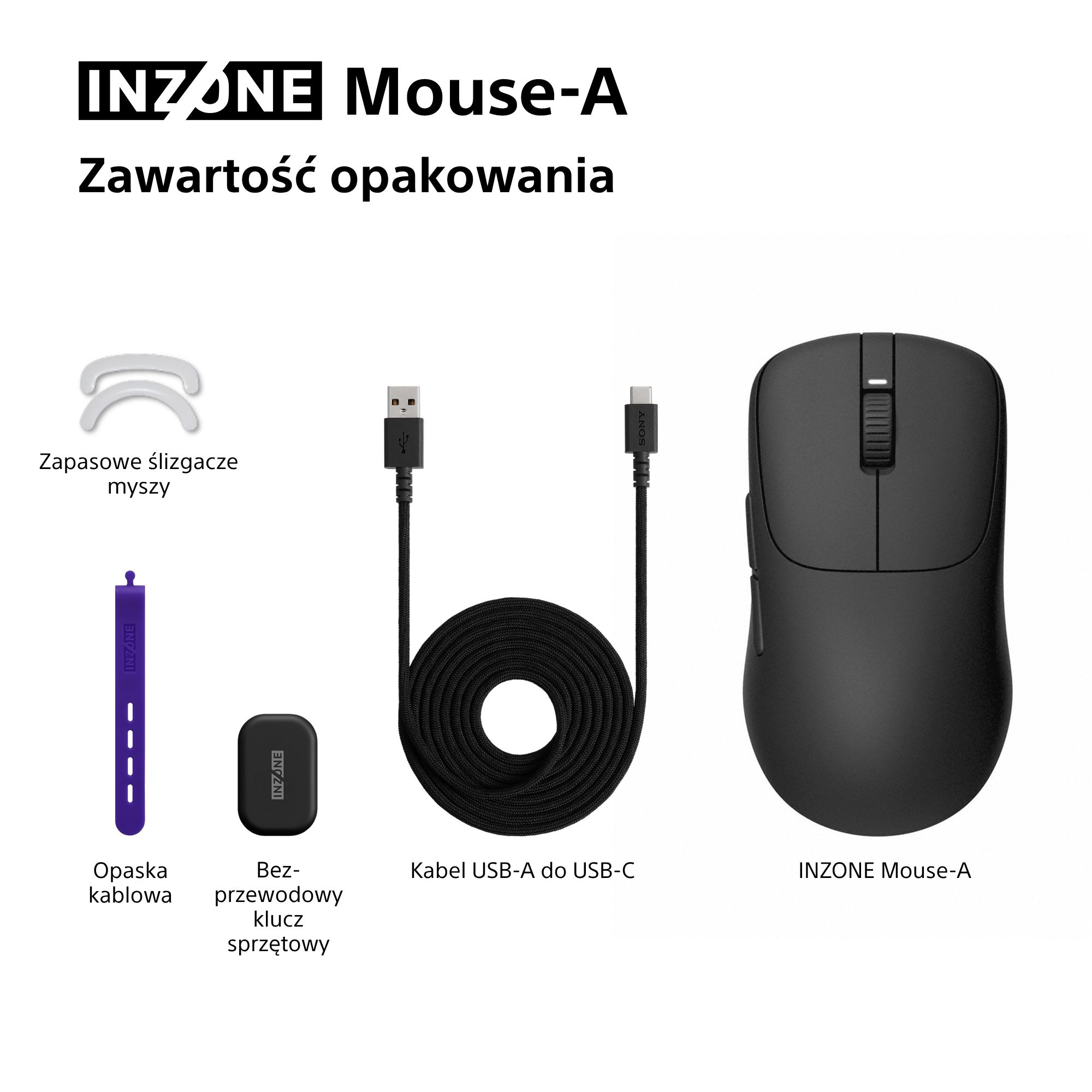 Obrazek przedstawia zawartość opakowania INZONE Mouse-A, w tym mysz, kabel USB-A do USB-C, odbiornik, zapasowe ślizgacze myszy i opaskę kablową.