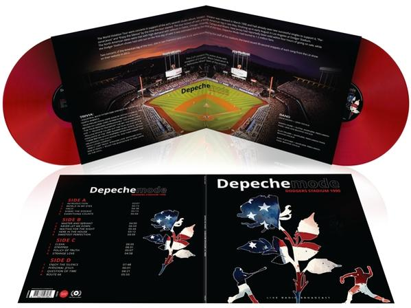 Egy Depeche Mode bakelit lemez. Piros bakelit lemezek a Depeche Mode, Dodgers Stadium 1990 album borítójával.