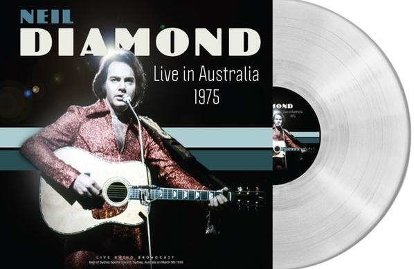 Neil Diamond az album borítóján, gitárral, előad. Album címe: Live in Australia 1975. Bakelit lemez látható.