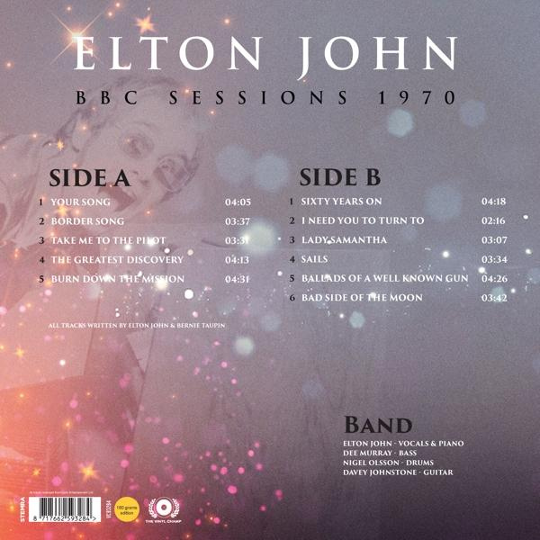 Elton John BBC Sessions 1970 album borítója. Számcímeket és zenekari információkat tartalmaz.