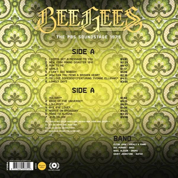 A Bee Gees' PBS Soundstage 1975 album borítója. Tartalmazza a számlistákat, a zenekari tagok neveit és egy zöld hátteret.