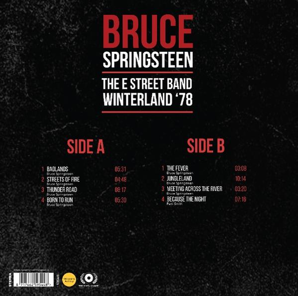 Bruce Springsteen Winterland '78 album borítója. Piros és fehér szöveg fekete háttéren. Az A és B oldalon lévő dalokat sorolja fel.