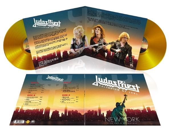 Judas Priest album borítója. Arany vinyl, zenekar tagjai, NYC látképe, Szabadság-szobor. Az album címe: 'Palladium NY 1981'.