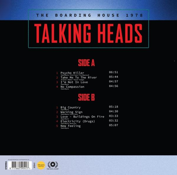 A Talking Heads album borítója. Fekete, piros szöveggel. Olyan dalokat sorol fel, mint a Psycho Killer, a Take Me To The River és a Big Country.