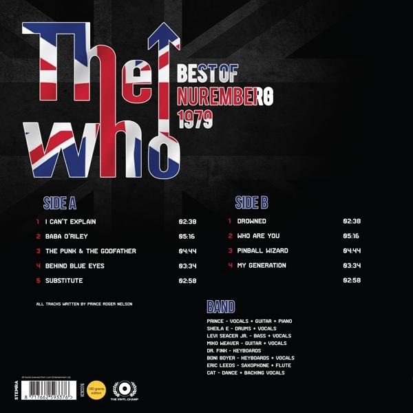 A 'The Who - Best of Nuremberg 1979' album borítója. A zenekar nevét, a számokat és a közreműködőket tartalmazza.