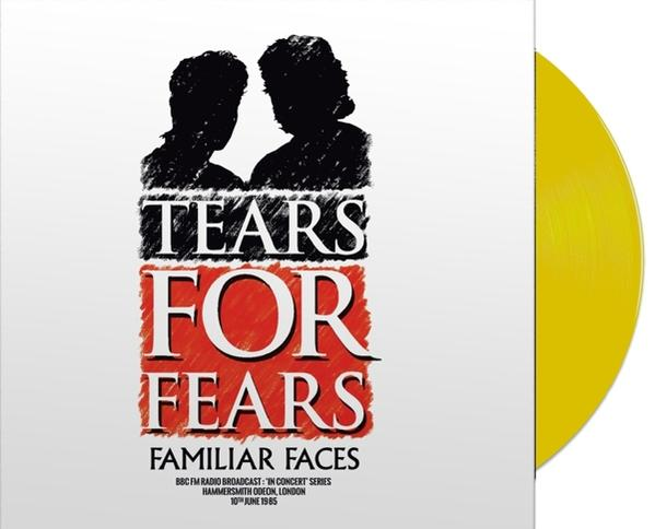 Album borító sziluett arcokkal, 'Tears For Fears' címmel és sárga bakelit lemezzel. A szöveg tartalmazza a 'Familiar Faces'-t és a koncert részleteit.
