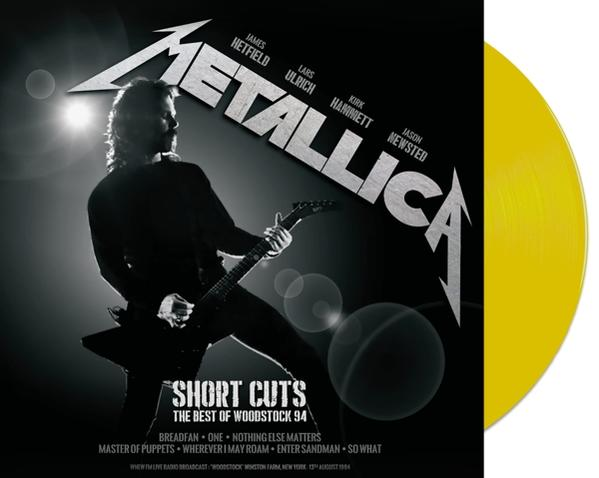 A Metallica album borítója. Egy zenekari tag gitározik. Jobbra egy sárga bakelit lemez látható. Az album címe: 'Short Cuts: The Best of Woodstock 94'.