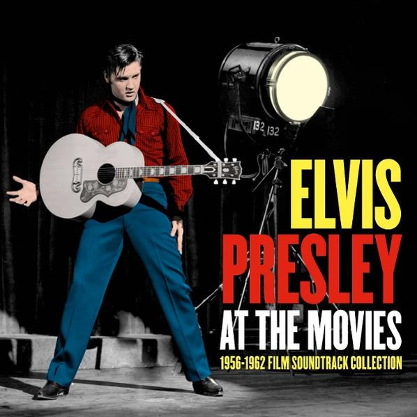 Elvis Presley mit Gitarre. Rotes Hemd, blaue Hose. Albumcover mit Text: Elvis Presley At The Movies 1956-1962 Film Soundtrack Collection.
