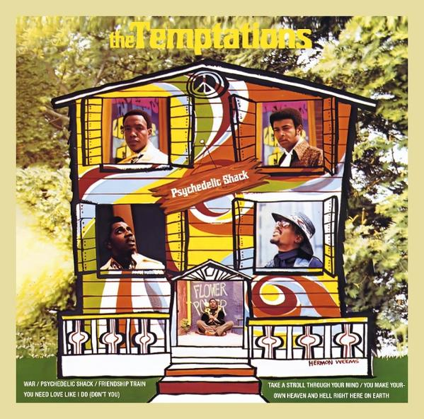 Albumcover von The Temptations, betitelt 'Psychedelic Shack'. Zeigt ein Haus mit vier Bandmitgliedern in Fenstern. Helle Farben und ein Friedenszeichen.
