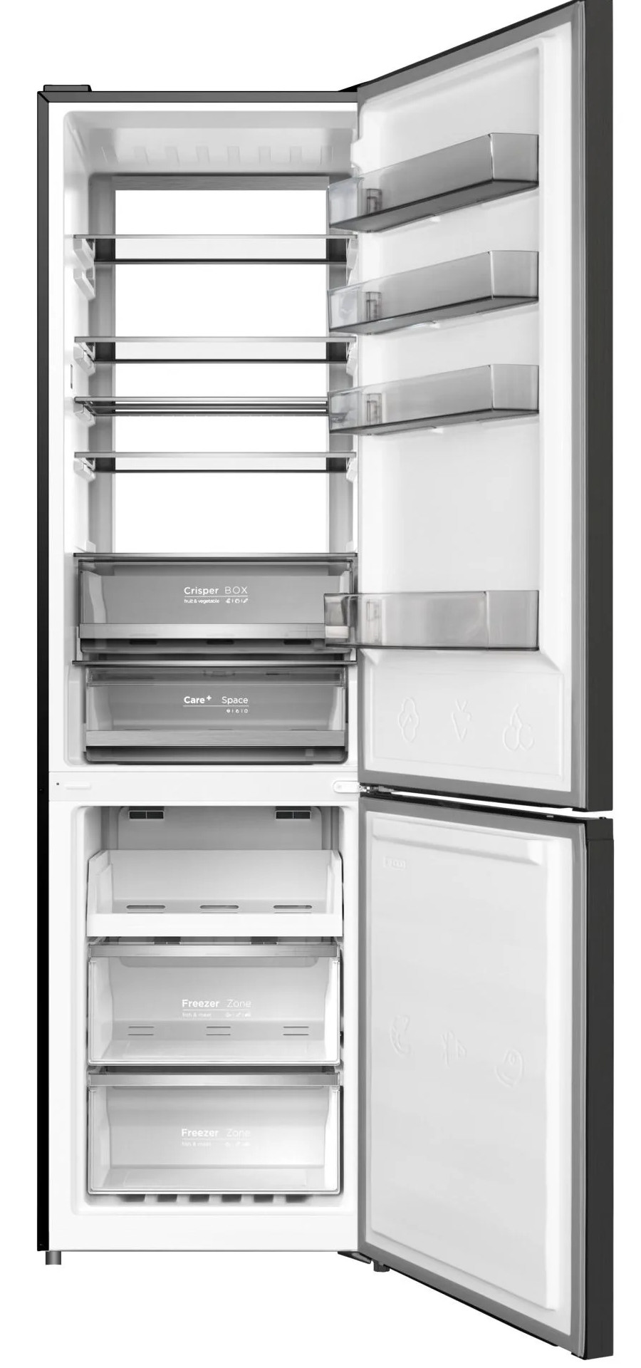 Otwarta lodówka. Widoczne półki, szuflady i przegródki w drzwiach. Zawiera szufladę na warzywa, przestrzeń do pielęgnacji i strefy zamrażania.