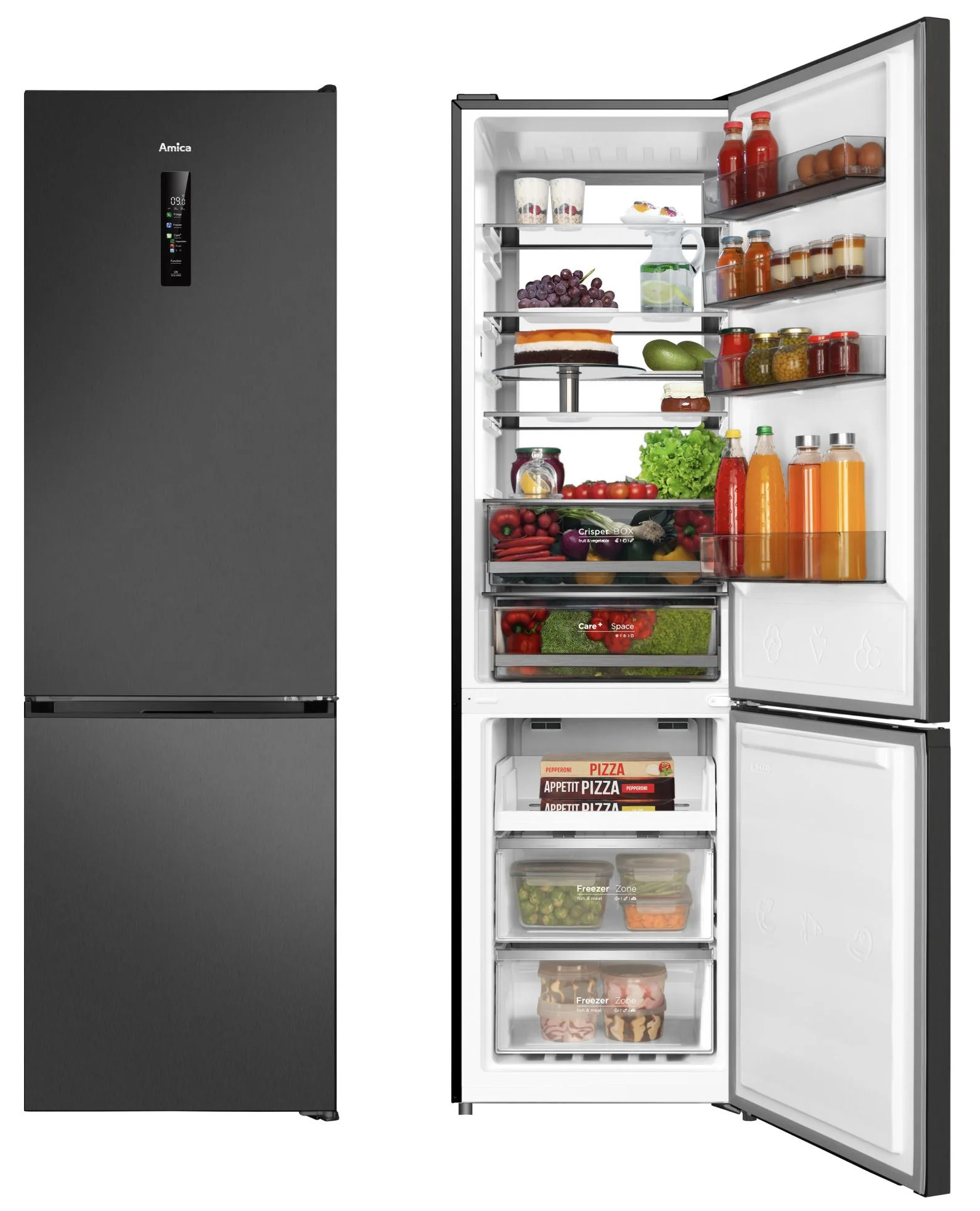 Czarna lodówka Amica z otwartymi drzwiami, pokazująca półki z jedzeniem, jak jajka, owoce, warzywa i pudełka po pizzy.