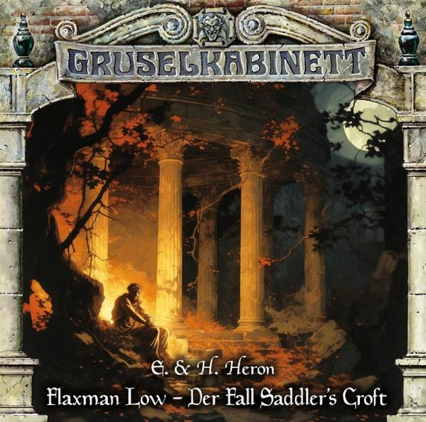 Illustration eines Mannes, der in der Nähe eines Gebäudes mit Säulen sitzt, betitelt 'Gruselkabinett', Nachtszene mit Vollmond.